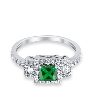 Halo Wedding Ring Baguette Simulated Green Emerald CZ 925 Sterling Silver